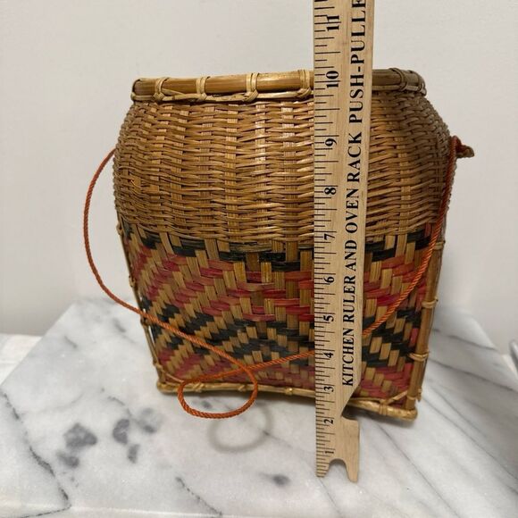 Antique Laotian gathering Woven Basket with Red and Black Pattern - Picture 9 of 16